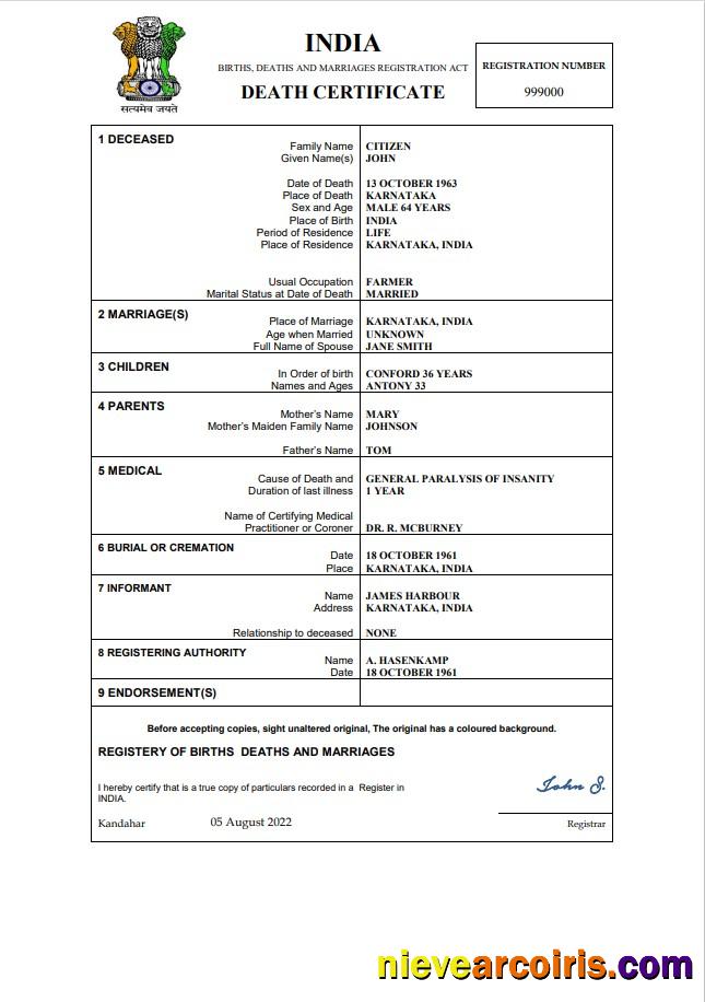 India death certificate
